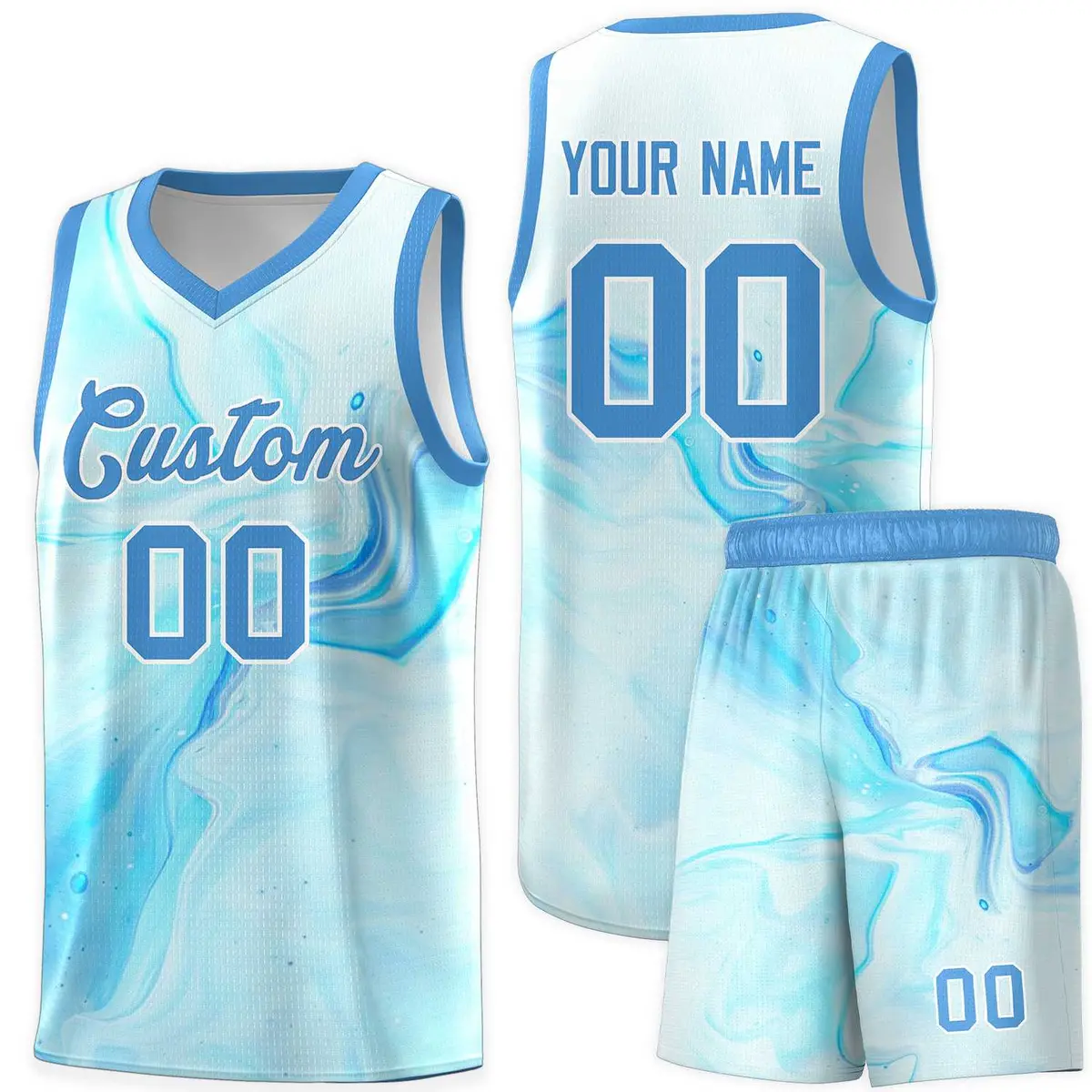 Powder Blue White Tie Dye Pattern Basketball Jersey