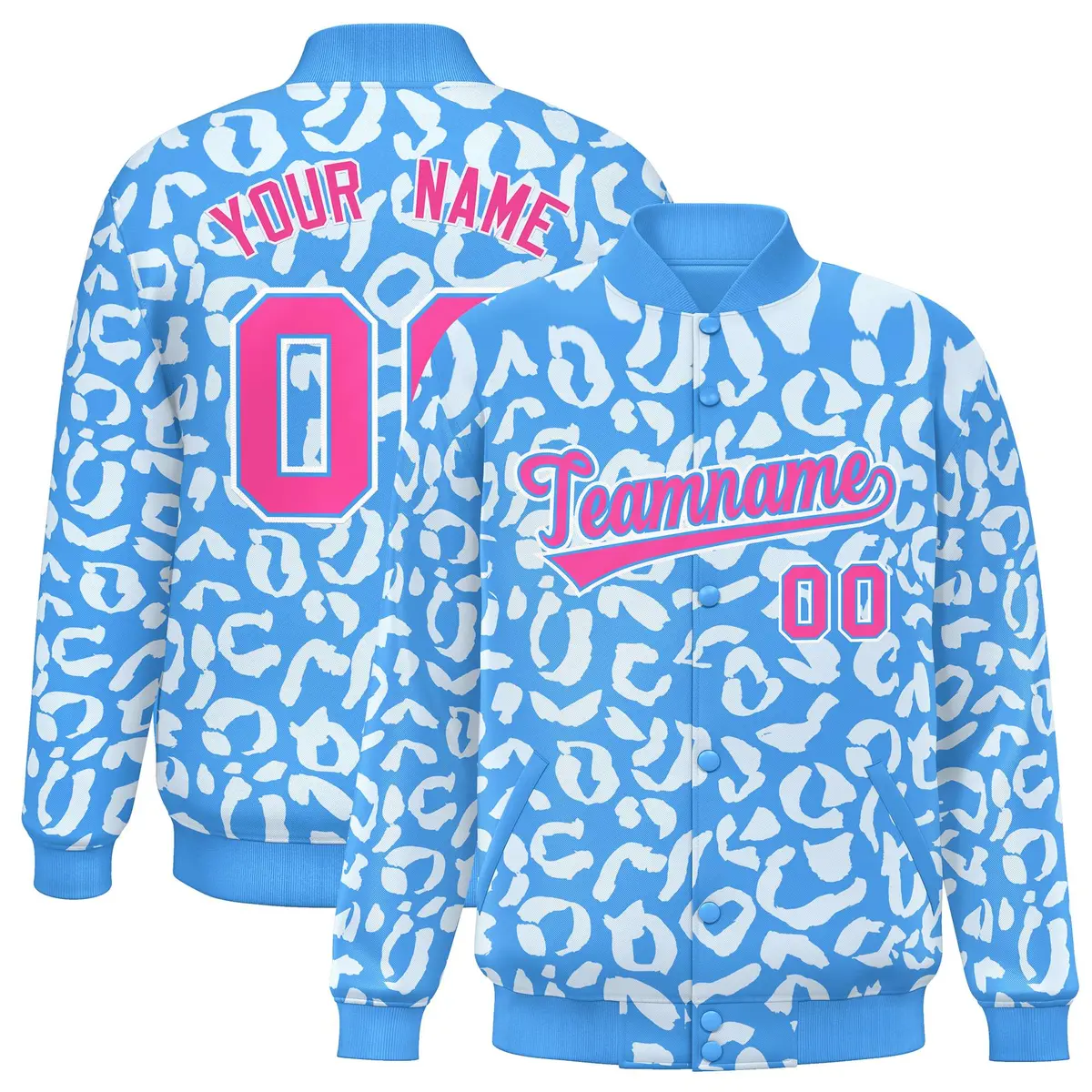 Powder Blue White Varsity Full-Snap Leopard Graffiti Letterman Jacket