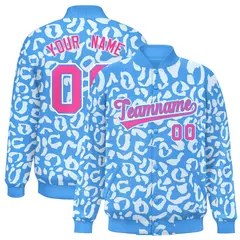 Powder Blue White Varsity Full-Snap Leopard Graffiti Letterman Jacket
