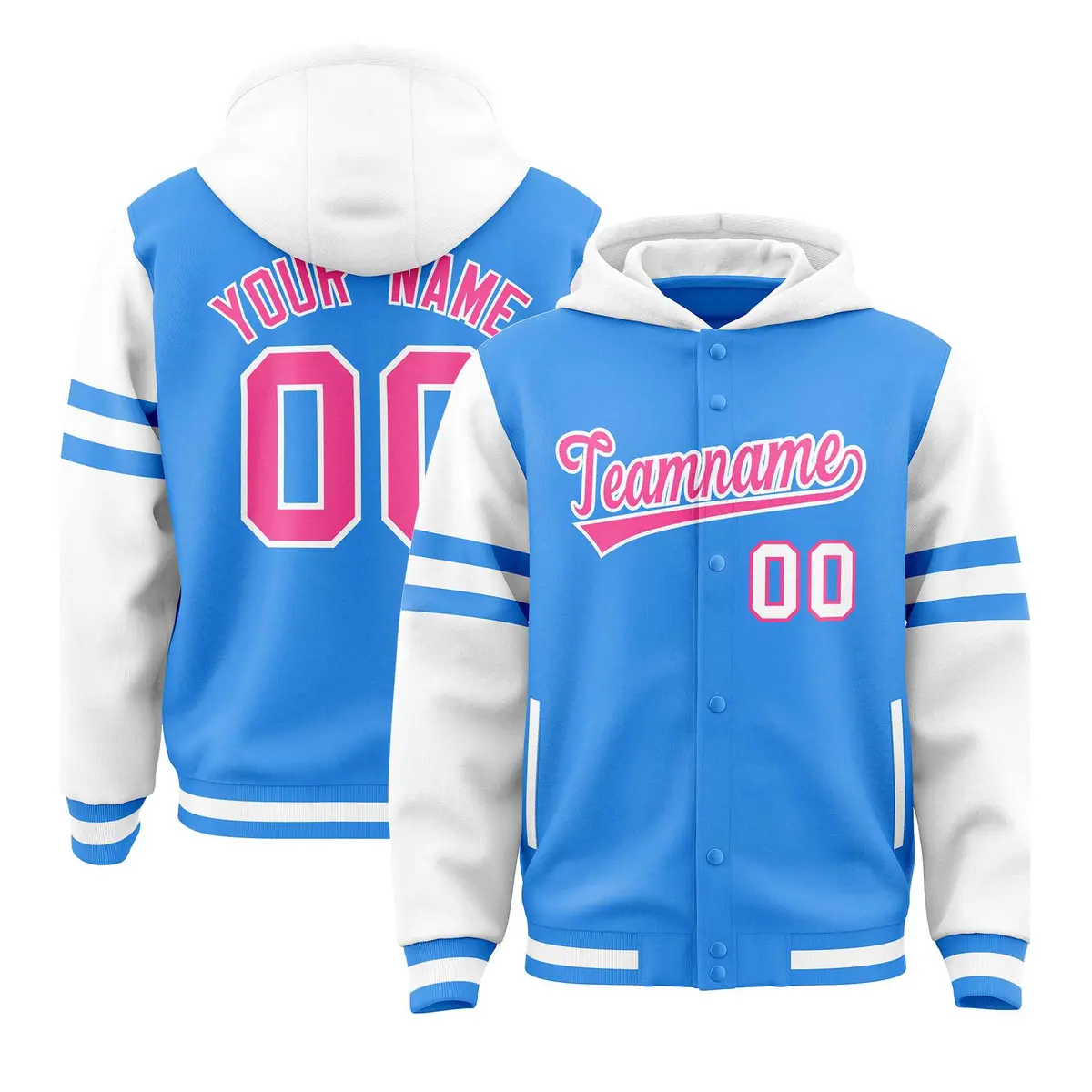 Powder Blue White Varsity Letterman Hoodie Jacket Raglan Three Stripes