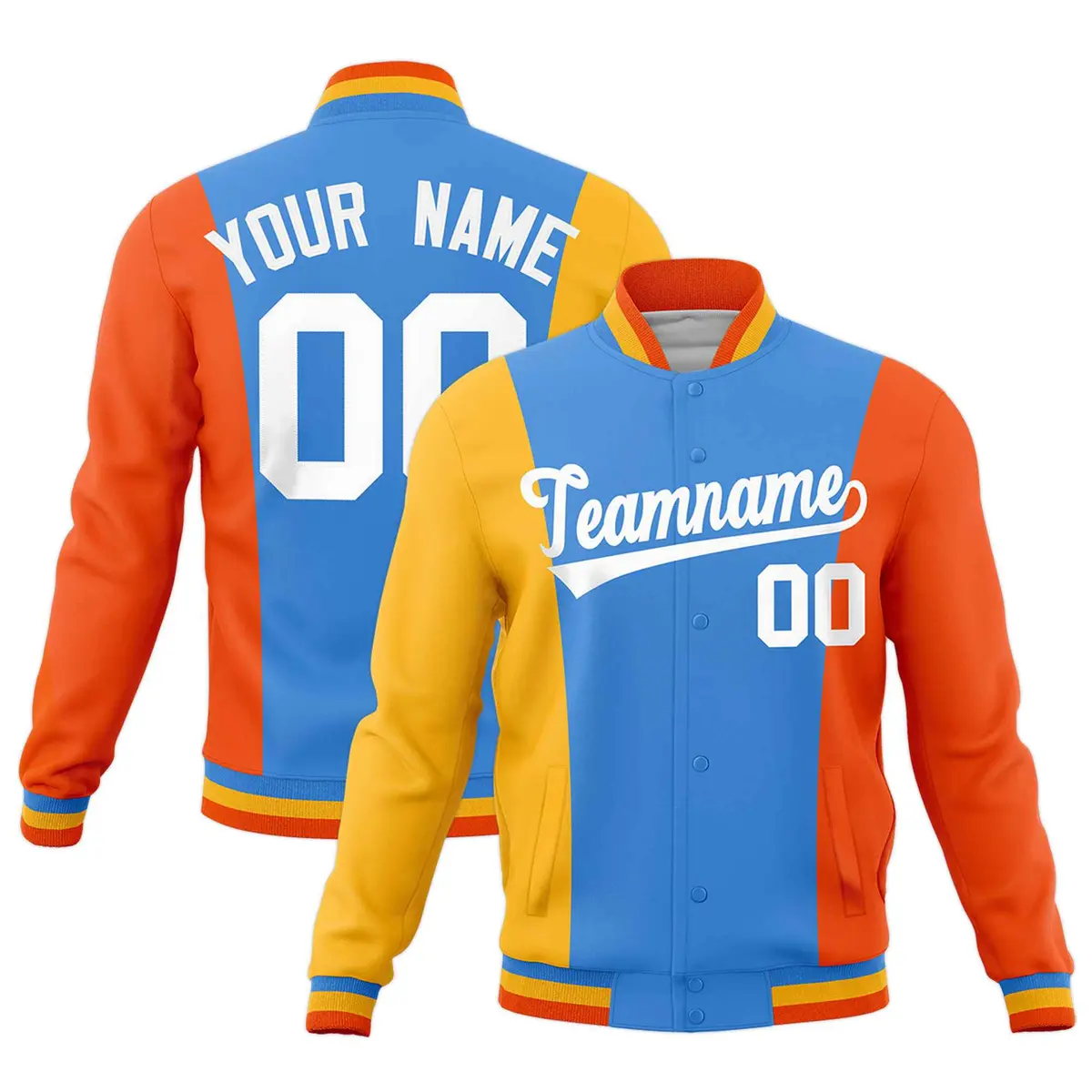 Powder Blue Yellow Orange Three Color Blocks Full-Snap Letterman Jacket