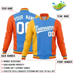 Powder Blue Yellow Orange Three Color Blocks Full-Snap Letterman Jacket 2
