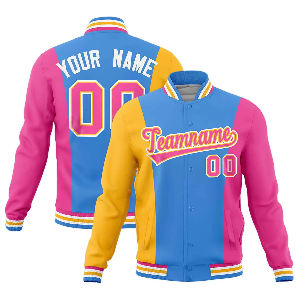 Powder Blue Yellow Pink Three Color Block Varsity Letterman Jacket