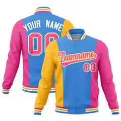 Powder Blue Yellow Pink Three Color Block Varsity Letterman Jacket 1
