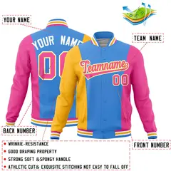 Powder Blue Yellow Pink Three Color Block Varsity Letterman Jacket 2