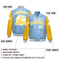 Powder Blue Yellow Raglan Full-Snap Faux Leather Letterman Jacket 2