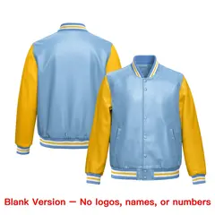 Powder Blue Yellow Raglan Full-Snap Faux Leather Letterman Jacket 6
