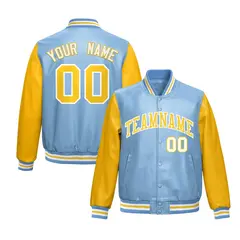 Powder Blue Yellow Raglan Full-Snap Varsity Faux Leather Letterman Jacket