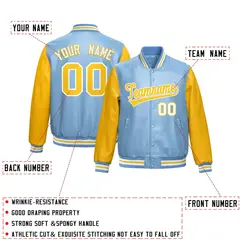 Powder Blue Yellow Raglan Full-Snap Varsity Faux Leather Letterman Jacket 2