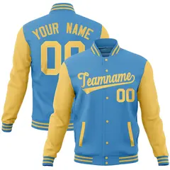 Powder Blue Yellow Raglan Full-Snap Varsity Letterman Baseball Jacket