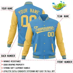 Powder Blue Yellow Raglan Full-Snap Varsity Letterman Baseball Jacket 4