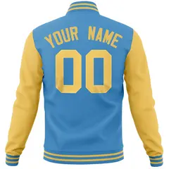 Powder Blue Yellow Raglan Full-Snap Varsity Letterman Baseball Jacket 6