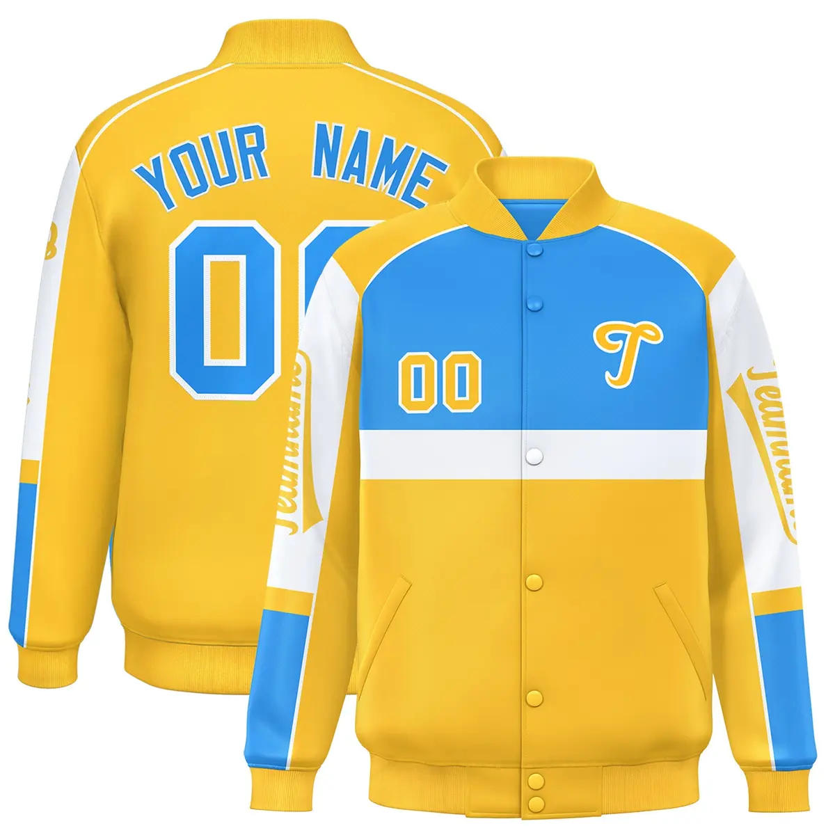 Powder Blue Yellow Raglan Sleeves Varsity Letterman Jacket