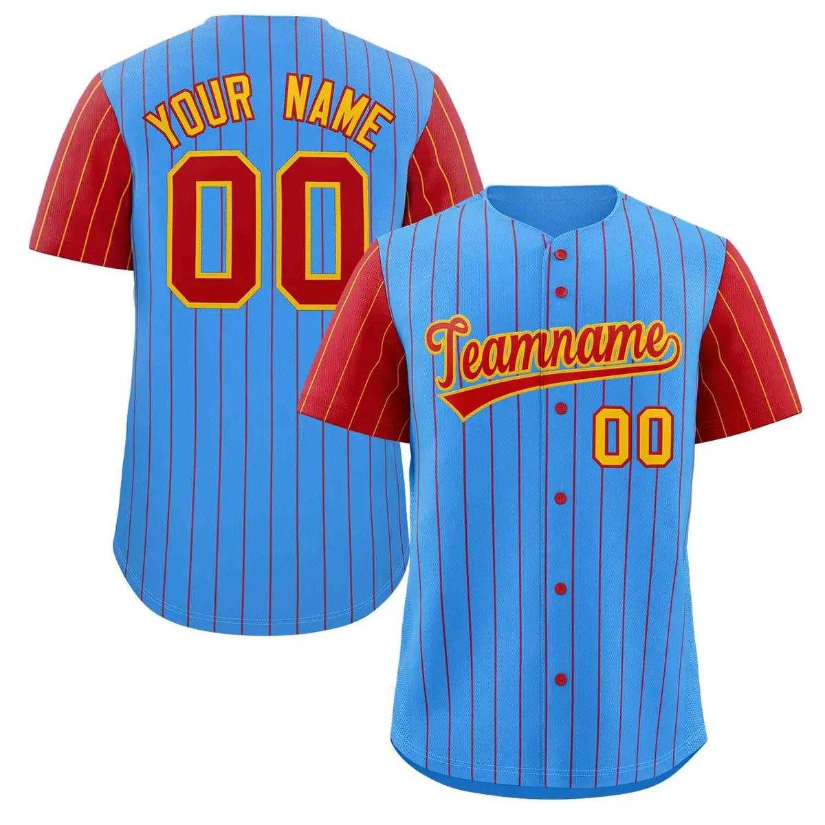 Powder Blue Yellow-Red Stripe Raglan Baseball Jersey