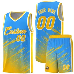Powder Blue Yellow Splash Basketball Kits with Tackle Twill 1