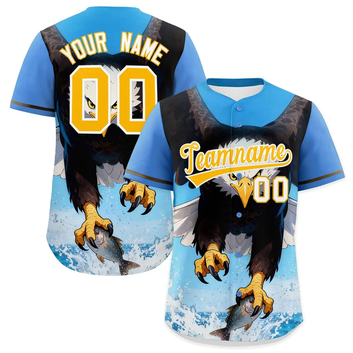 Powder Blue Yellow White Eagle Graffiti Baseball Jersey
