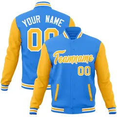 Powder Blue Yellow-White Raglan Full-Snap Varsity Letterman Jacket