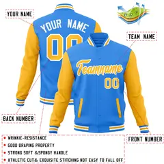 Powder Blue Yellow-White Raglan Full-Snap Varsity Letterman Jacket 4