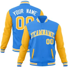 Powder Blue Yellow-White Raglan Full-Snap Varsity Letterman Jacket 1