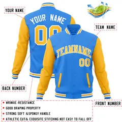 Powder Blue Yellow-White Raglan Full-Snap Varsity Letterman Jacket 4