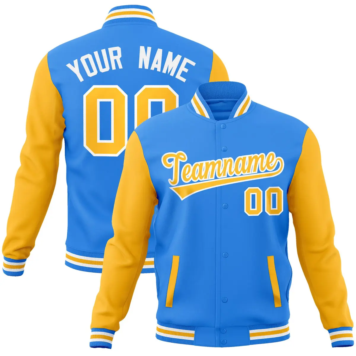 Powder Blue Yellow-White Raglan Full-Snap Varsity Letterman Jacket