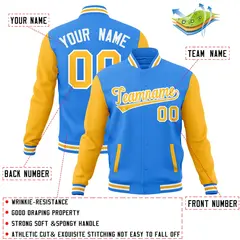 Powder Blue Yellow-White Raglan Full-Snap Varsity Letterman Jacket 4