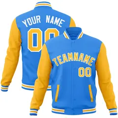 Powder Blue Yellow-White Raglan Full-Snap Varsity Letterman Jacket