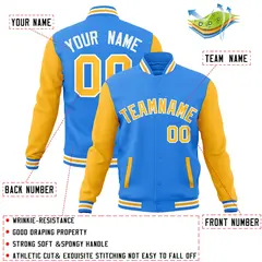Powder Blue Yellow-White Raglan Full-Snap Varsity Letterman Jacket 4