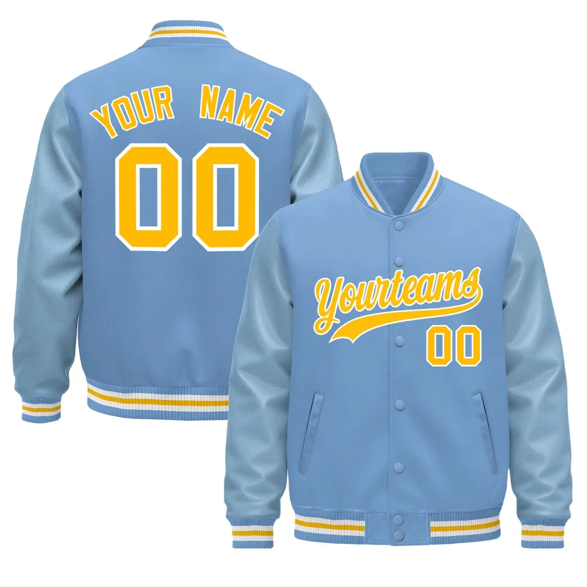 Powder Blue Yellow White Varsity Jacket with Faux Leather Sleeves