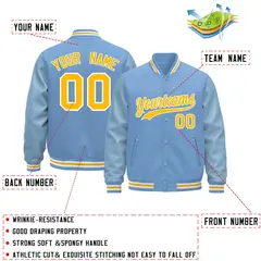 Powder Blue Yellow White Varsity Jacket with Faux Leather Sleeves 2