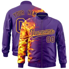 Purple 3D Flame Full-Zip Varsity Letterman Bomber Jacket