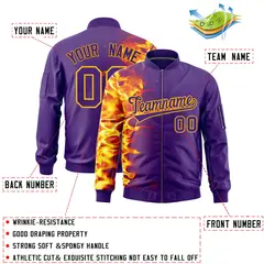Purple 3D Flame Full-Zip Varsity Letterman Bomber Jacket 2