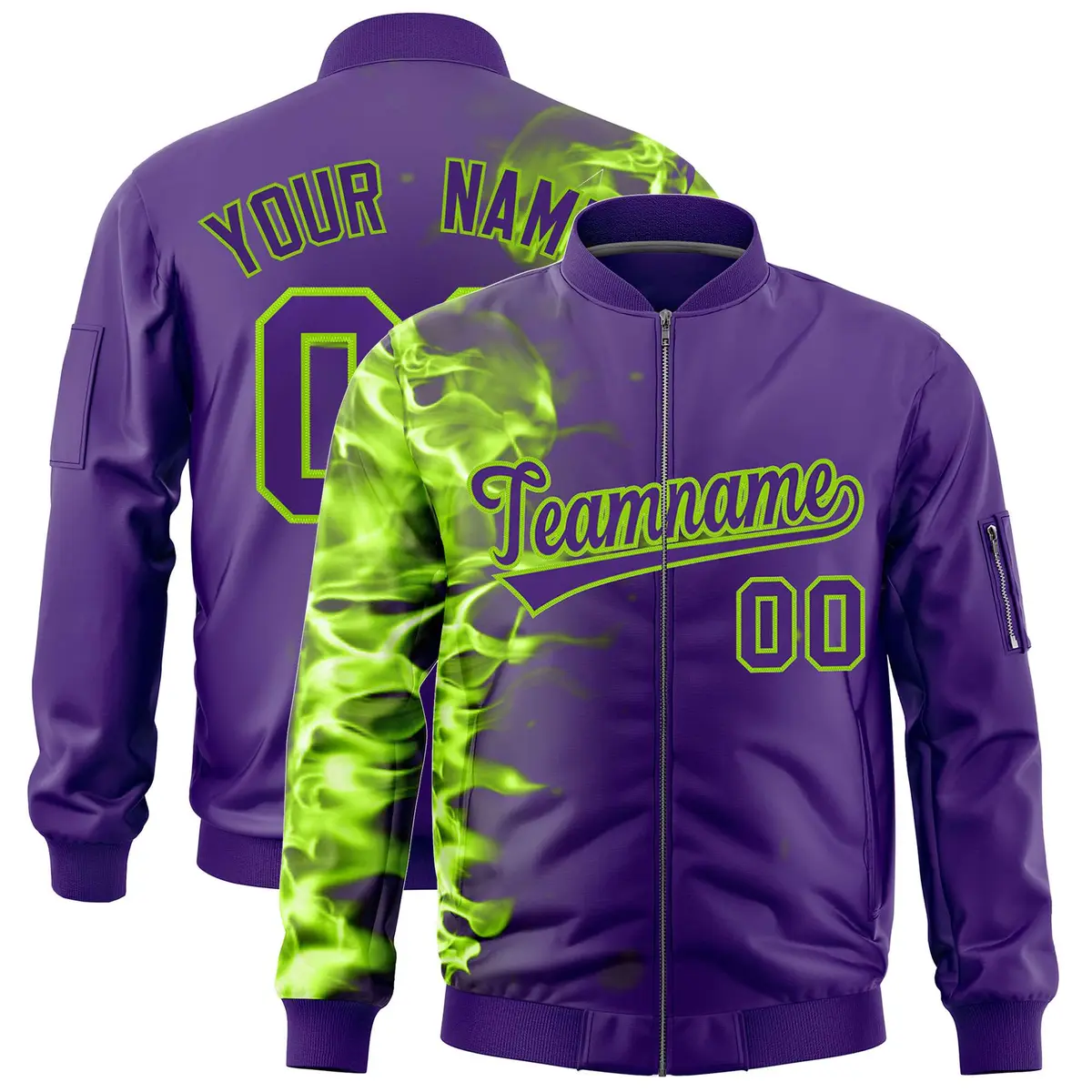Purple 3D Flame Full-Zip Varsity Letterman Bomber Jacket