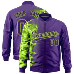 Purple 3D Flame Full-Zip Varsity Letterman Bomber Jacket 1