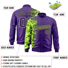 Purple 3D Flame Full-Zip Varsity Letterman Bomber Jacket 2