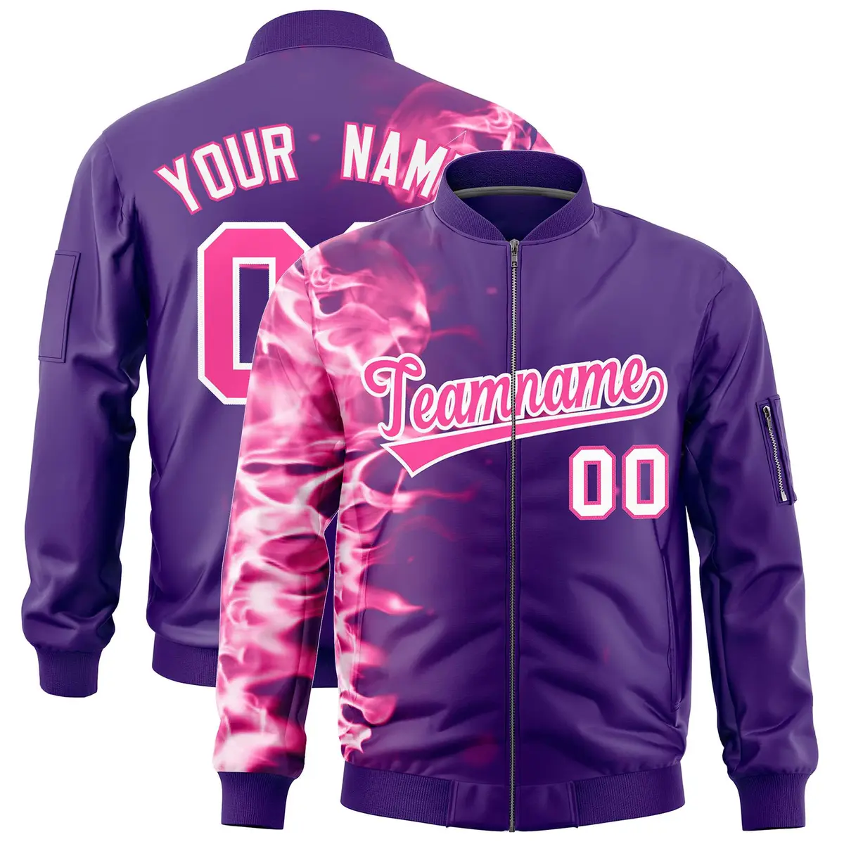 Purple 3D Flame Full-Zip Varsity Letterman Bomber Jacket