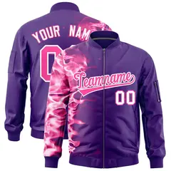 Purple 3D Flame Full-Zip Varsity Letterman Bomber Jacket 1
