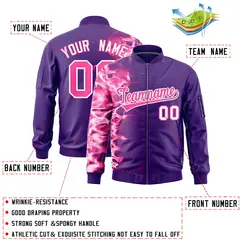 Purple 3D Flame Full-Zip Varsity Letterman Bomber Jacket 2
