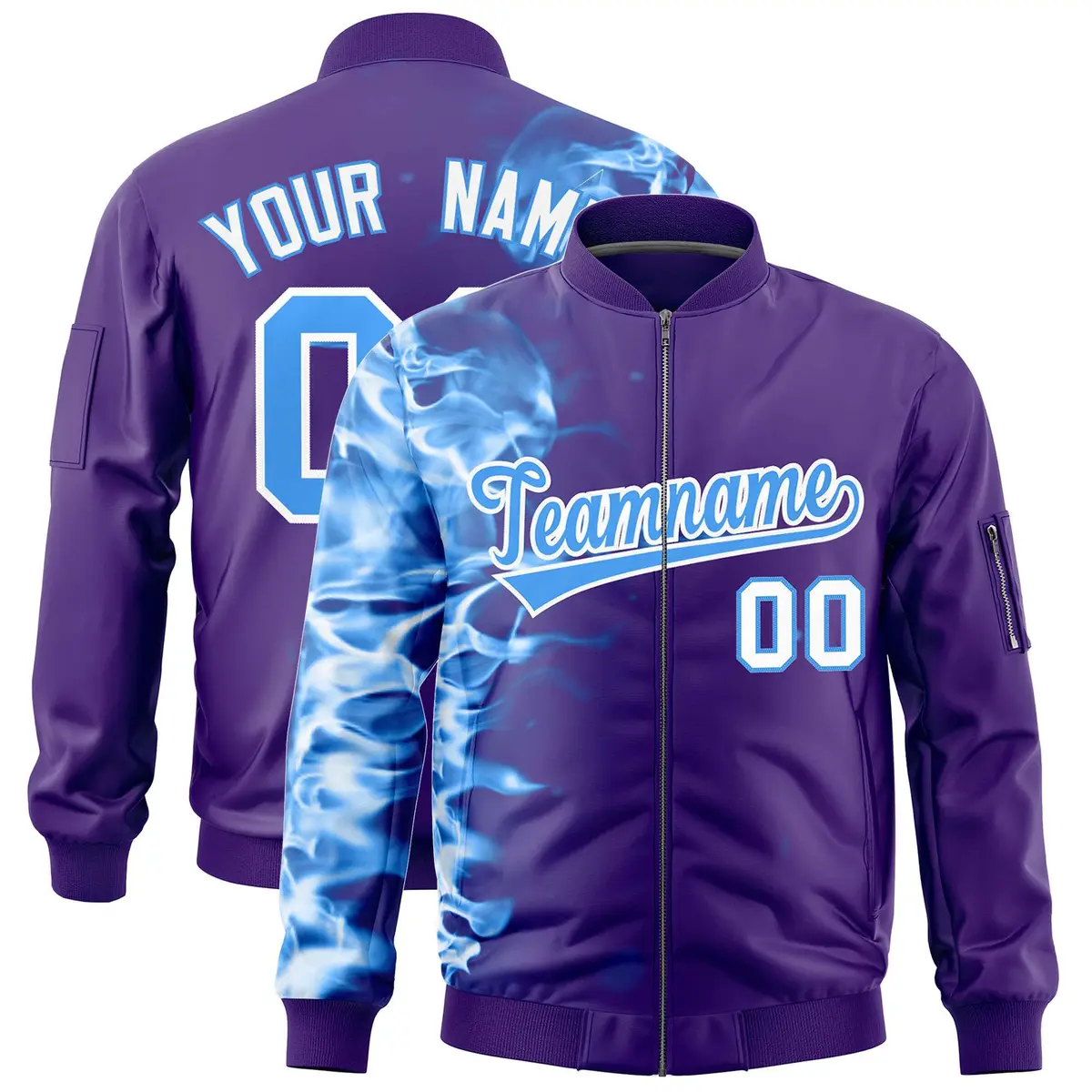 Purple 3D Flame Full-Zip Varsity Letterman Bomber Jacket