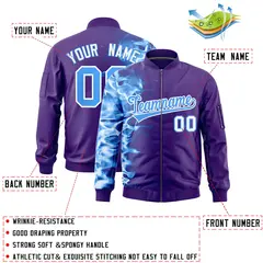 Purple 3D Flame Full-Zip Varsity Letterman Bomber Jacket 2