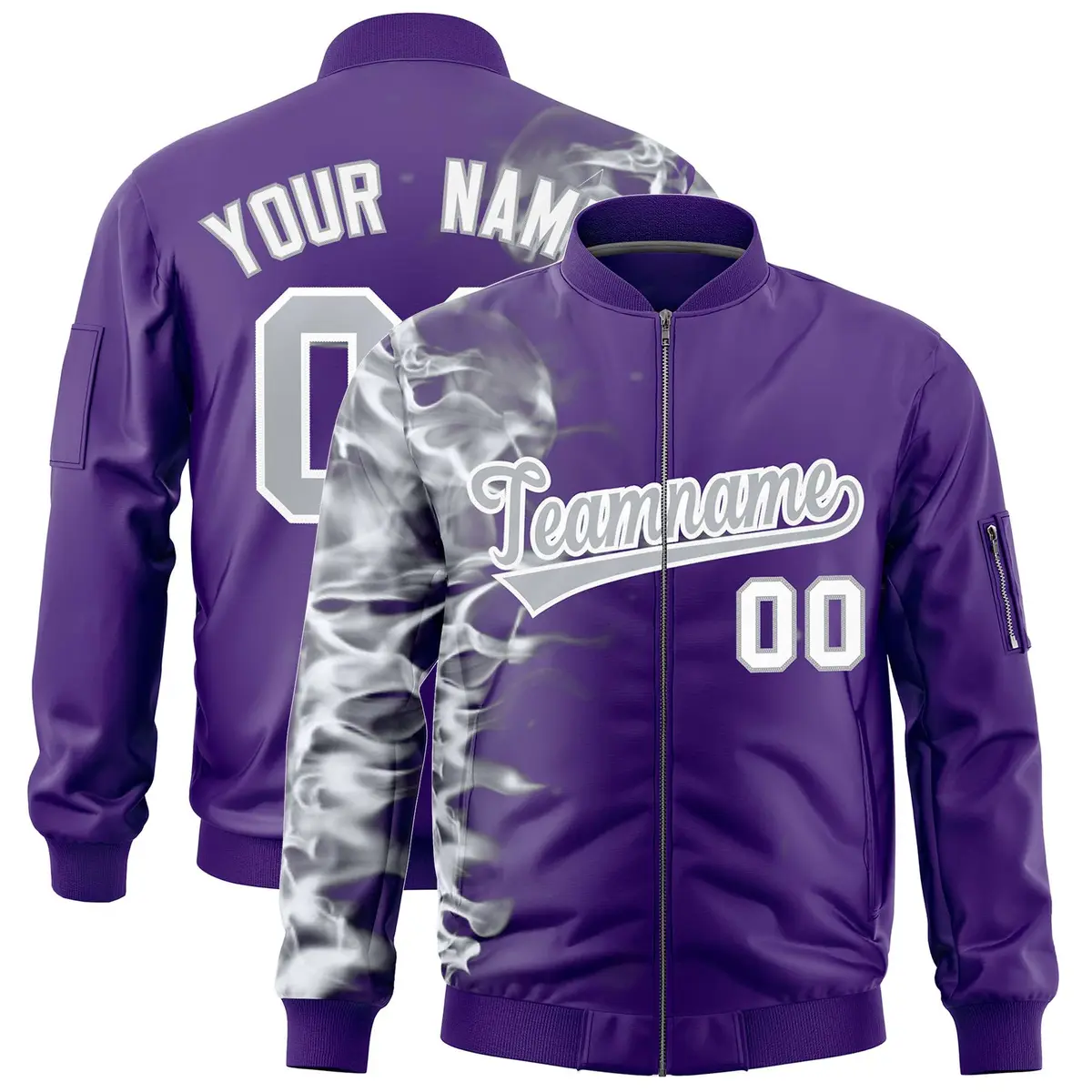 Purple 3D Flame Full-Zip Varsity Letterman Bomber Jacket