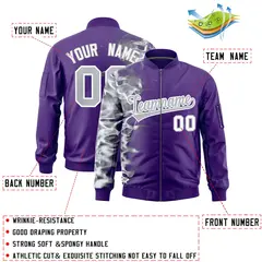 Purple 3D Flame Full-Zip Varsity Letterman Bomber Jacket 2