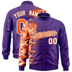 Purple 3D Flame Full-Zip Varsity Letterman Bomber Jacket 1