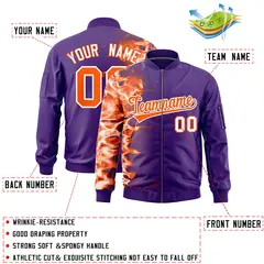 Purple 3D Flame Full-Zip Varsity Letterman Bomber Jacket 2