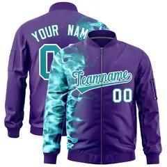 Purple 3D Flame Full-Zip Varsity Letterman Bomber Jacket 1
