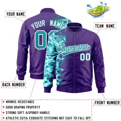 Purple 3D Flame Full-Zip Varsity Letterman Bomber Jacket 2