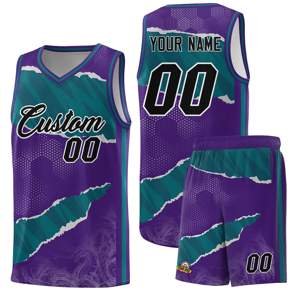 Purple Aqua-Black Tear Graffiti Basketball Jersey
