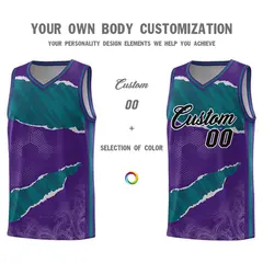 Purple Aqua-Black Tear Graffiti Basketball Jersey 3