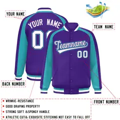 Purple Aqua Color Block Raglan Varsity Letterman Jacket 2