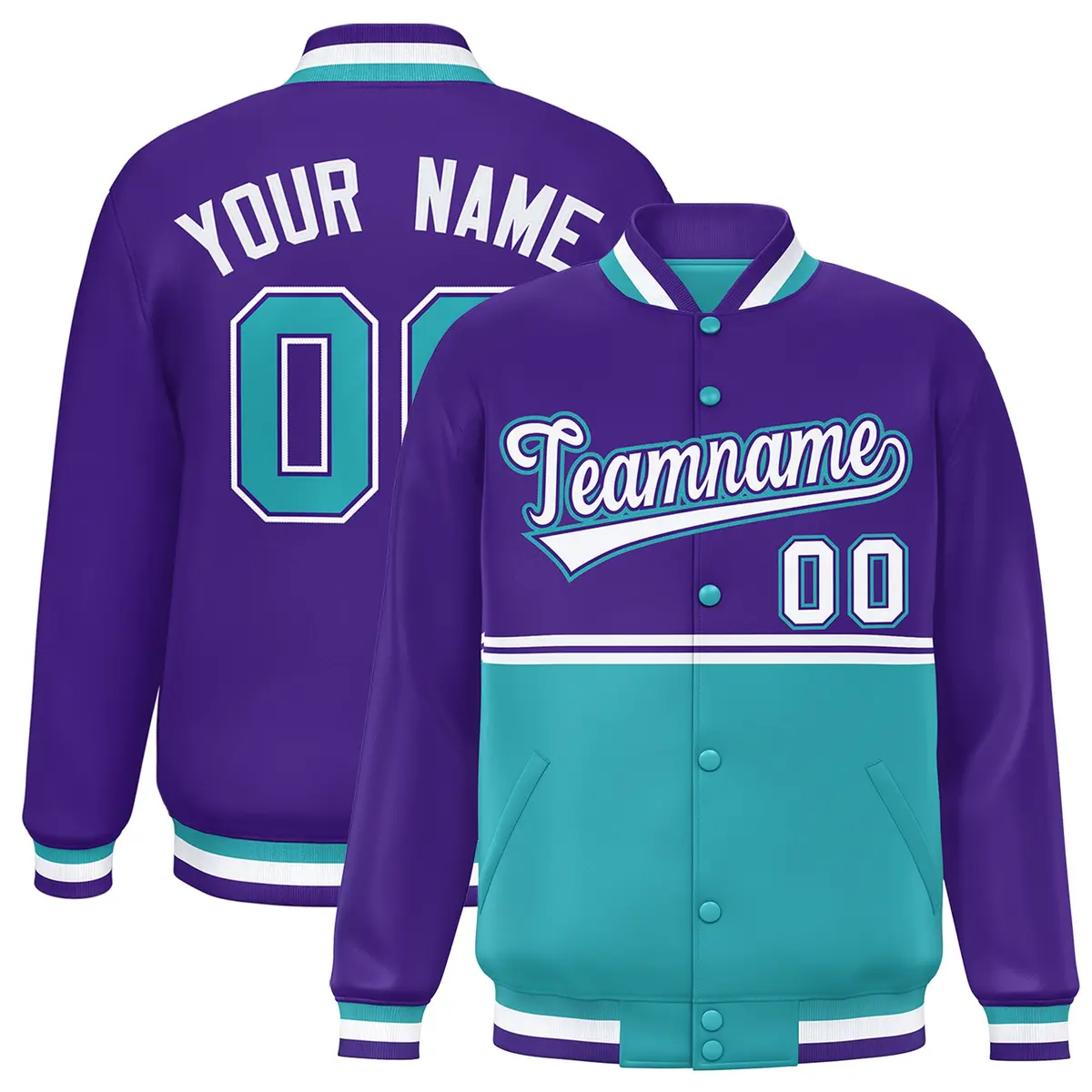 Purple Aqua Color Block Varsity Full-Snap Letterman Jacket